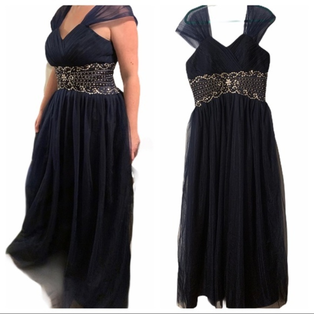 Hebeos Navy Blue Sweetheart Embellished Waist Tulle Flowing Formal Gown, WDress2